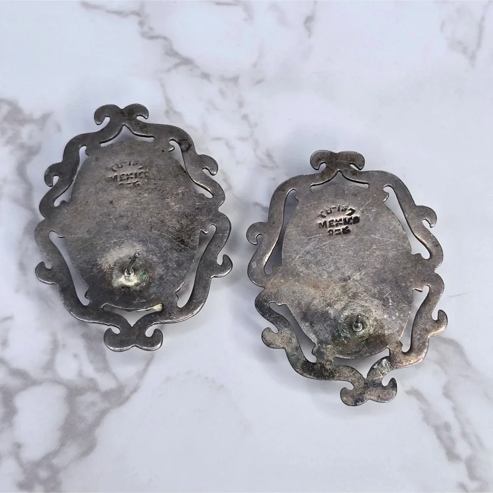 Vintage Taxco Mexico 925 Sterling Silver Black Onyx Post Earrings 23.8g TB-157